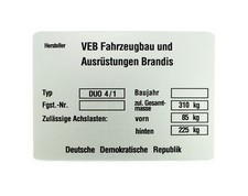 Typenschild pas. f. Simson Duo 4-1 Plakette Rahmennummer 320kg