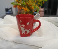 Weihnachtstasse Becher Tasse rot Elch Keramik Löffel