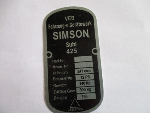 Typenschild schild simson suhl - simson,