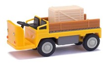 Busch H0 E-Karre Balkancar gelb mit Holzkiste und hohen Bordwänden