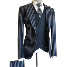 Herrenanzug Schwarze Gestreifte Jacke Blazer Smoking Sakko Business Hochzeit
