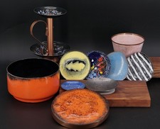 S12 Kupfer Emaille Schalen Dosen und Kerzenständer 60er