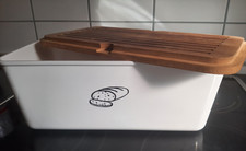 Brotkasten mit Holz-Deckel, Schneidebrett, Brotkorb cremeweiß