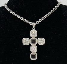 925/-Silber Kette mit Kreuz-Anhänger, Onyx, simulierte Diamanten, 50 cm lang.