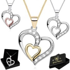 Damen Bicolor Halskette Zirkonia Herz Anhänger 925 Silber Gold Rose Kette C334