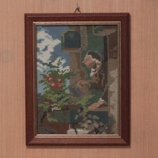 Gobelinbild Spitzweg Im Dachstübchen 22 x 28 cm Stickbild hinter Glas