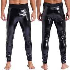 Herren Wetlook Lederhose Lang Gummi Strumpfhose Eng Stretch Biker Hose Leggings