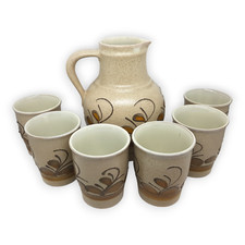 Weinset Strehla Keramik Krug Karaffe 6 Becher Steingut Blumen Floral GDR DDR