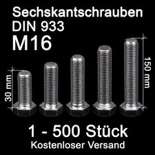 Sechskantschrauben M16 8.8 verzinkt Maschinenschrauben DIN 933 Vollgewinde 