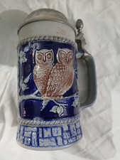 bierkrug mit zinndeckel Eulen Salzkeramik Göbel