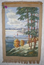DDR Wandläufer Teppich bemalt See Schiff Natur 73 x 46cm Wandbehang Vintage VEB