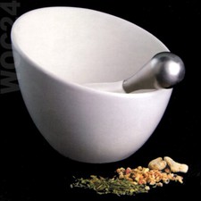 15 cm Porzellan Mörser abriebfest mit Stößel Edelstahl-Griff Groß weiß schräg