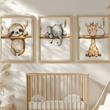 3er Poster-Set Babyzimmer – Bilder Dschungeltiere: Elefant, Faultier & Giraffe
