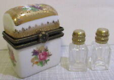 Porzellandose Zierdose mit 2 Glasflakons Sammlerdose Rosendekor Antik-Stil 5x3cm