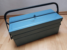 Werkzeugkasten Werkzeugkiste Metall aufklappbar mit Fächern blau - alt