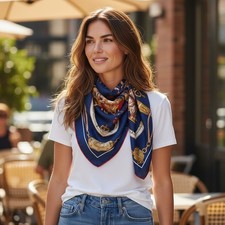 Vintage dunkelblau rot gold Pferd und Kutschen reine Seide Schal handgerollt Säume