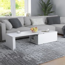 Couchtisch weiß Ingenieurholz 150x50x35 cm 360° drehbare Platte mit offener Ablage