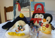  Pinguine,3 Bücher,3 Figuren Plüsch Glas Tasche Stofftier Musikuhr-Holz,Plastik