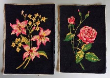 Zwei bezaubernde Vintage Stickereien: Rose + Flower in Gobelin Stickkunst RAR