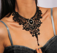 Halskette CHOKER Burlesque  Schmuck Kette, Stoff mit Spitze Juwel Schwarz Neu