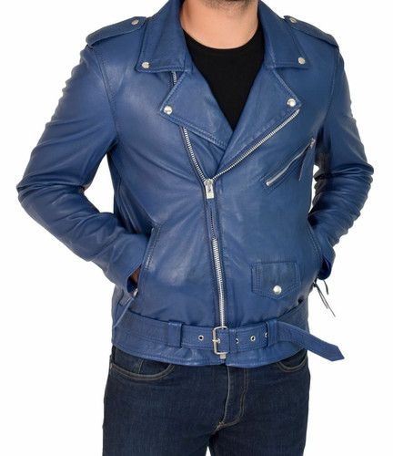 Herren blau leder biker jacke - biker,