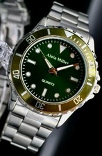 Alain Miller Herren Armband Männer Uhr  Grün Silber Farben sportliches Design