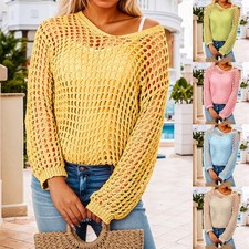 Damen Strick T-Shirt Tops Bikini Cover Up Sarong Boho Strand Bademode Pullover