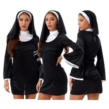 DE Frauen Nonne Cosplay Kostüm Halloween hohen Hals Flare Ärmel Kleid Kopftuch