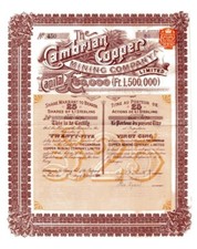 Welsh Copper Mine The Cambrian Copper Mining Co Ltd 25x£1 Aktien Zertifikat 287 um 1900