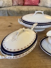 Antiker Servierteller, 2 Geschirr, Schöpfkelle, Kanne & Teller Set sehr guter Zustand rosa Rosen blau gold