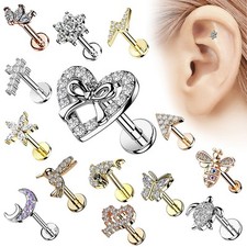 Labret Helix Tragus Conch Ohr Kristall Piercing flacher Stecker Innengewinde