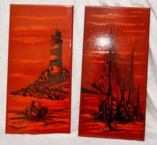 RAR VintaGe 2teilig Set Wandplatten Wandbild Bay Keramik Leuchtturm Segelschiff