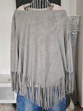 Jubylee hellgrauer Poncho mit Fransen, Velourlederimitat, Einheitsgröße