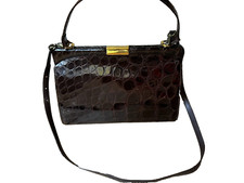 quiet Luxury Handtasche braun Lackleder Kelly bag Schulterriehmen Leder vintage