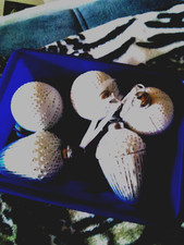 6 große alte Weihnachtskugeln im Biedermeier Stil Eichel und Kugeln weiß