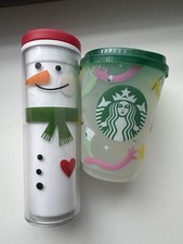 Starbucks Becher Set 355ml & 473ml – Schneemann & „I Saved a Cup“, gereinigt
