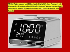 ANOLE Radiowecker weiß,Bluetooth 4.2,FM Radio,MP3 über TF-Karte+USB-Stick,Dimmer