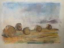 ::FRANZ EHMKE  *1928-2018 DDR MALER PASTELL HEUBALLEN AUF FELD BERGE