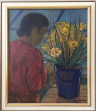 Ölbild Interieur mit Person und Blumen Bornemark signiert 64 x 55 cm Frühling