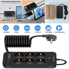 2500W Steckdosenleiste 6-Fach 3 USB 3TYP-C Mehrfachsteckdose mit Flachstecker 2m