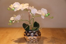 Künstliche Orchidee Phalaenopsis Weiß Keramiktopf Silber Kunstblume Höhe 31 cm