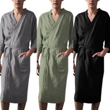Herren Baumwolle Leinen Feel Pyjama Sommer Kimono Bademantel Spa Nachtwäsche   )