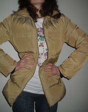 sexy ZARA Daunen Federn Stepp Long Jacke Kurz Mantel gefüttert beige 36 38 S M 