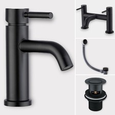 Schwarz Mono Rund Waschtisch Wannenarmatur Mischbatterie Modern Wasserhahn inkl Stecker & Ablauf