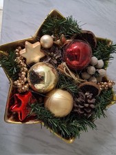 Weihnachtsschale gold Keramik ca. 26 cm breit, Deko mit Kugeln und künstl. Tanne