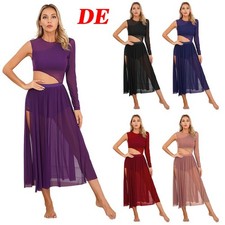 DE Damen Latin Tanzkleider Mesh  Ballettrock Seitenschlitz Moderne Walzerkleider