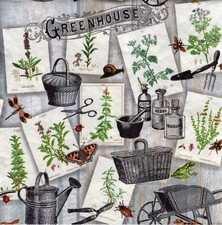 3 Servietten~ Garten, Schubwagen, Gießkanne, Pflanzenbild, Insekten, Korb ~33x33