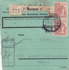 Paketkarte 1947: Mannheim nach