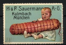 Reklamemarke Schinken von H. & P. Sauermann AG, Kulmbach-München, kleines Mädch 