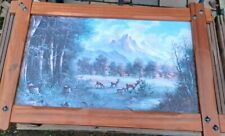 ÖLDRUCK HIRSCHE ROTWILD AUF DER LICHTUNG HOCHWERTIG RAHMEN GEMÄLDE REPRODUKTION 